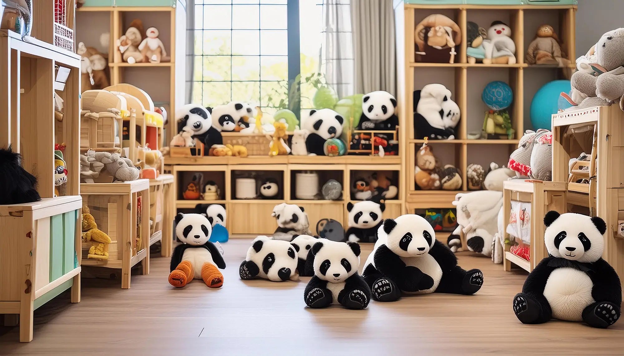 A play room filled with a variety of different panda themed toys.