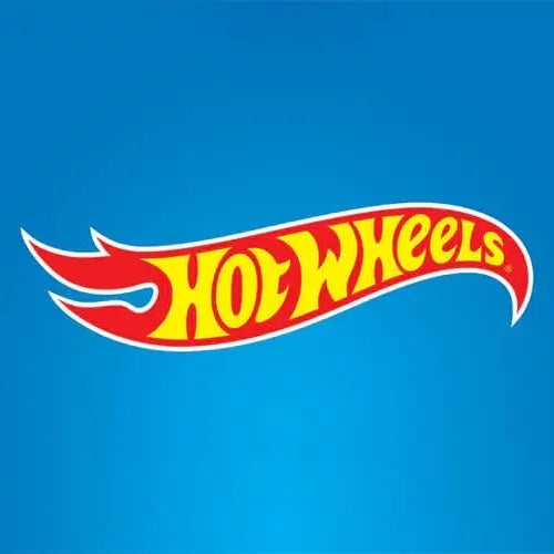 Hot Wheels logo in its classic red and yellow colors with a blue background