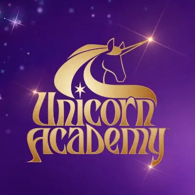 Unicorn Academy logo in gold with a purple starry background.