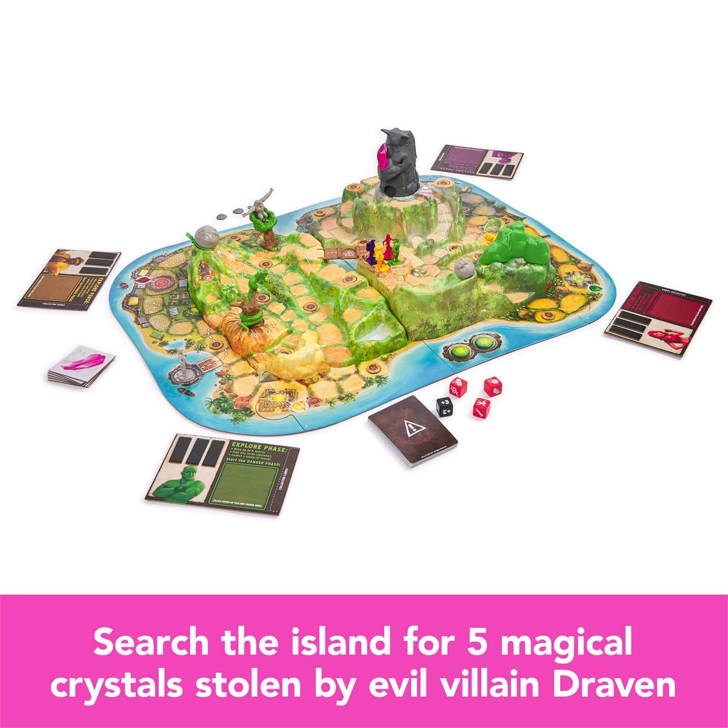 Search the island for 5 magical crystals stolen by evil villain Draven.