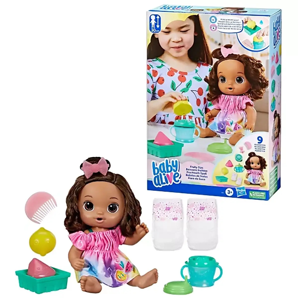 Baby Alive Fruity Sips Doll, Lemon, Pretend Juicer Baby Doll Set box and doll