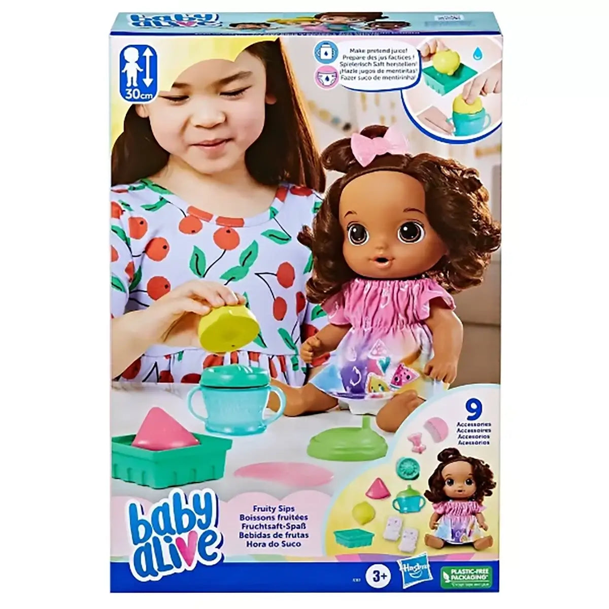 Baby Alive Fruity Sips Doll, Lemon, Pretend Juicer Baby Doll Set front of box