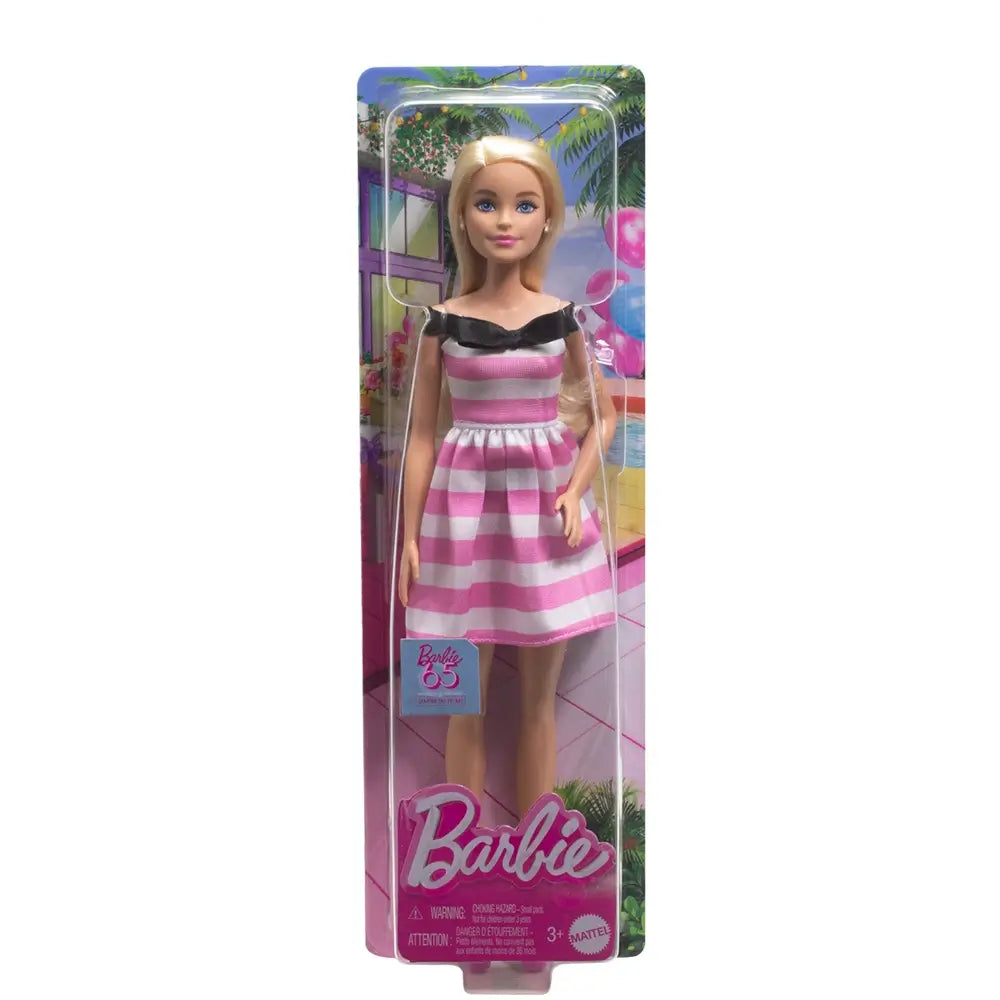 Barbie 65th Anniversary Fashion Doll with Blonde Hair, Pink Striped Dress