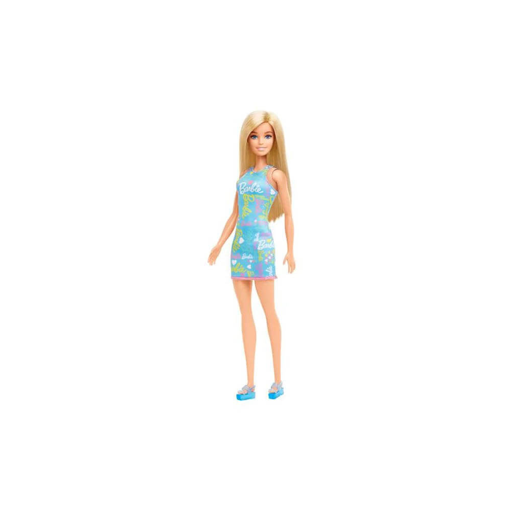 Barbie Doll Wearing Blue Barbie Print Dress