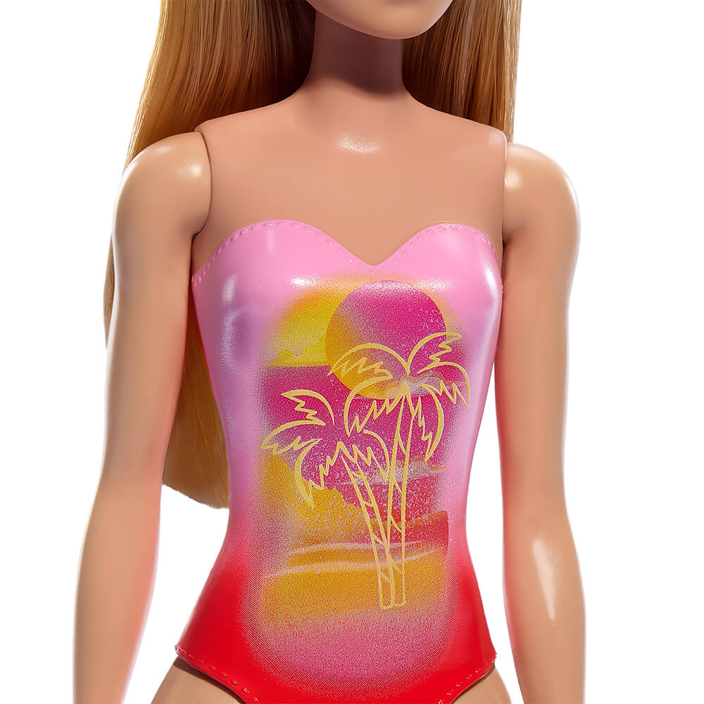 Beach Barbie Doll With Blond Hair Wearing Pink Palm Tree-Print Swimsuit