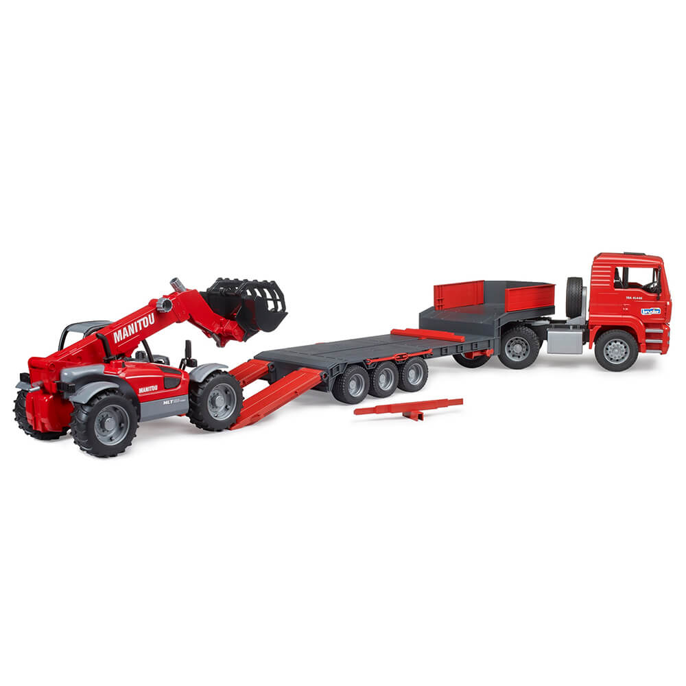 Bruder Pro Series MAN TGA truck with low loader trailer and Manitou telehandler