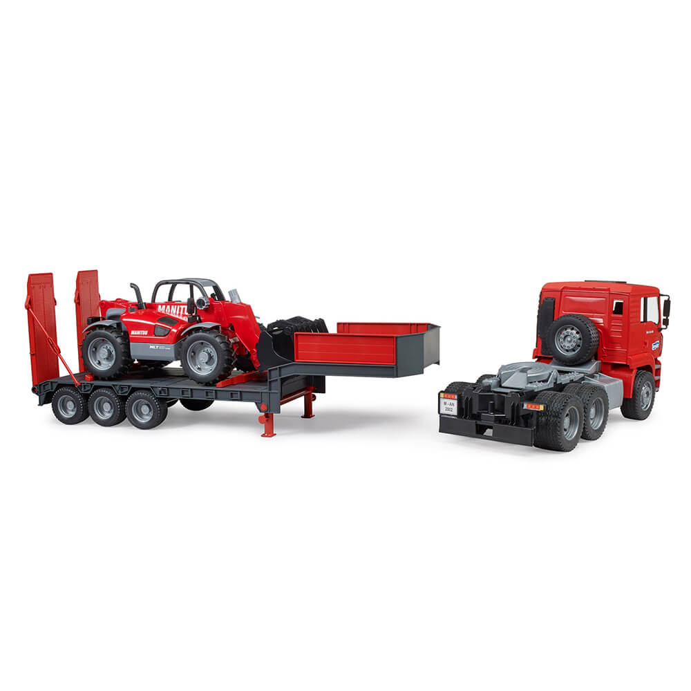 Bruder Pro Series MAN TGA truck with low loader trailer and Manitou telehandler