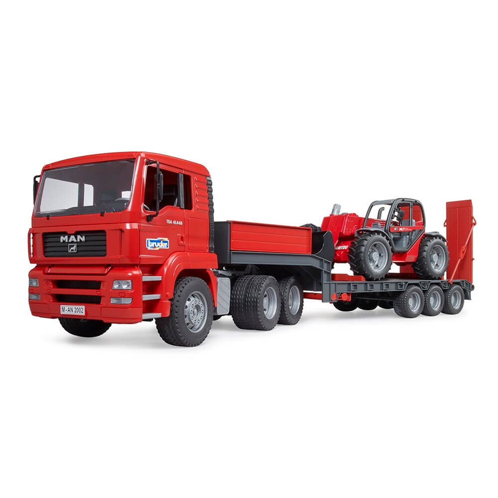 Bruder Pro Series MAN TGA truck with low loader trailer and Manitou telehandler