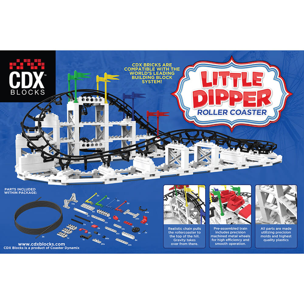 Back of the CDX Blocks Little Dipper Roller Coaster features included pieces.