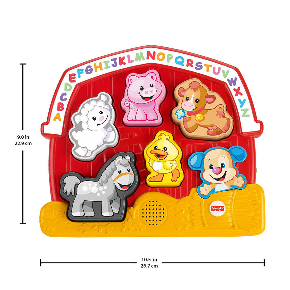 Fisher-Price Laugh & Learn Farm Animal Puzzle with the height and width measurements. it is 9.0