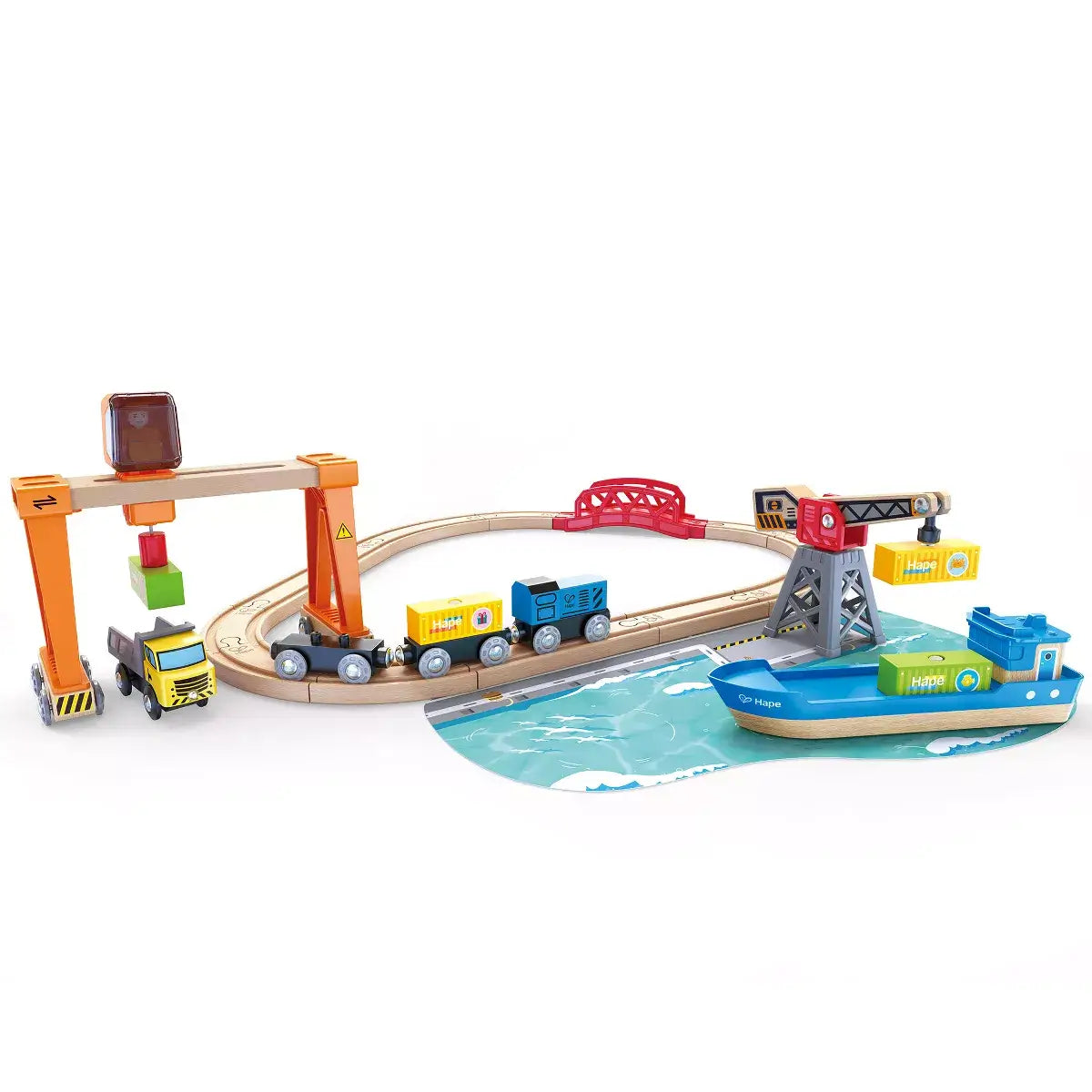 Hape Railway Lift and Load Harbor Set set up