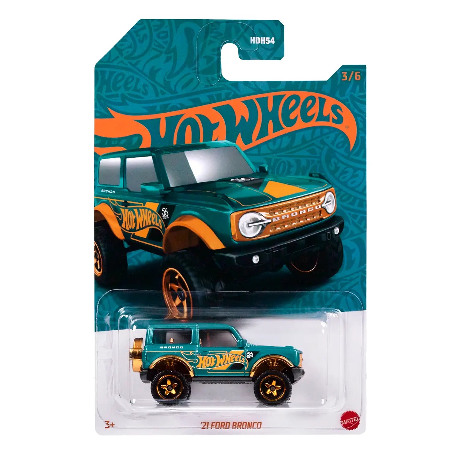 Turquoise and copper colored package for the Hot Wheels Pearl and Chrome '21 Ford Bronco 1:64 Scale Diecast Vehicle