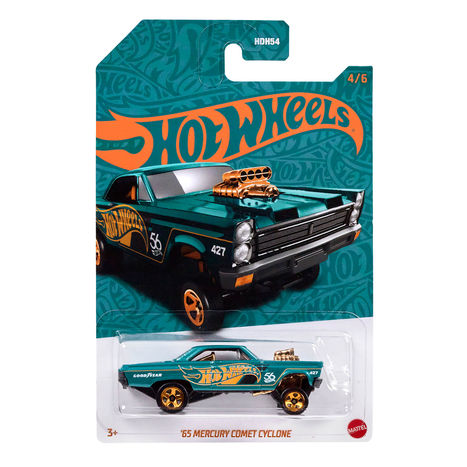 Hot Wheels Pearl and Chrome '65 Mercury Comet Cyclone 1:64 Scale Diecast Vehicle package in turquoise and copper