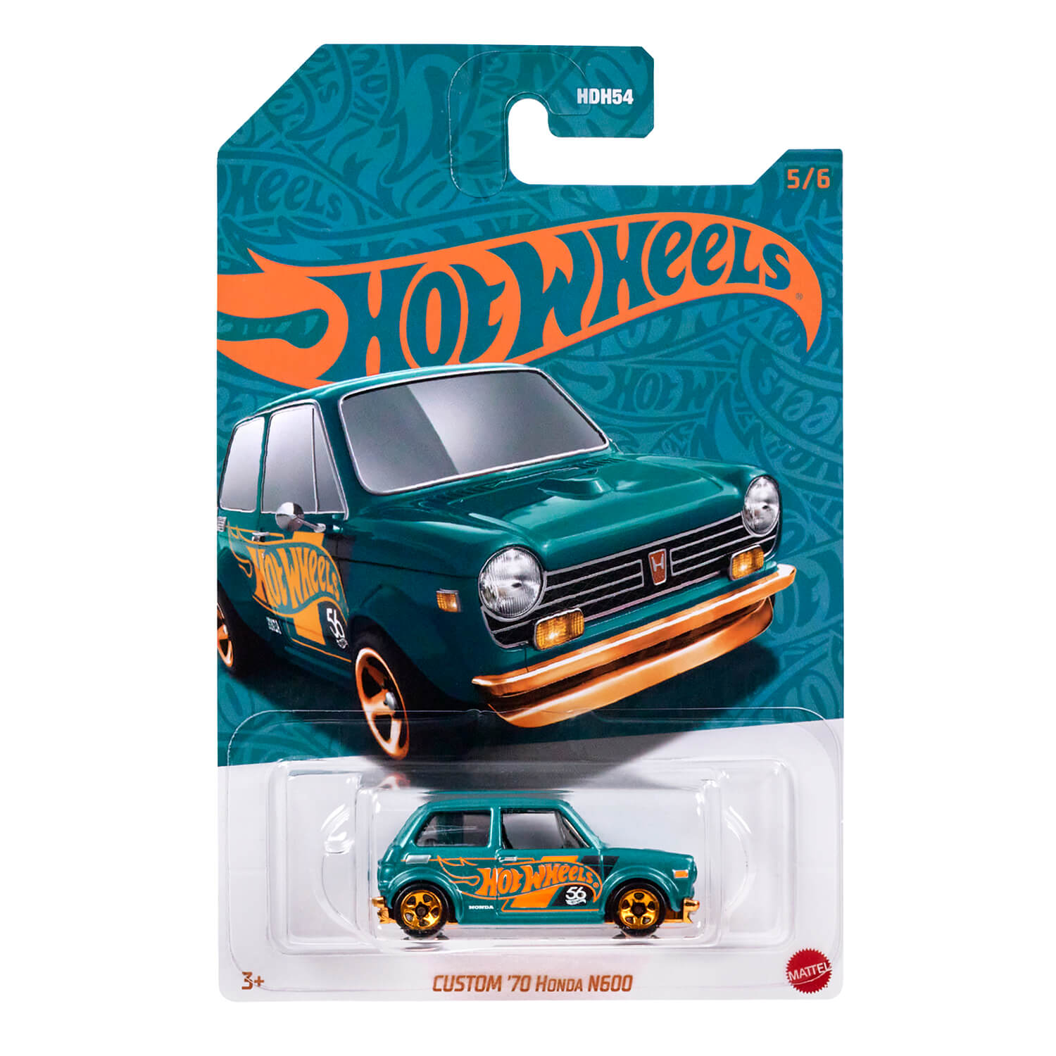 Turquoise and copper package for the Hot Wheels Pearl and Chrome Custom '70 Honda N600 1:64 Scale Diecast Vehicle