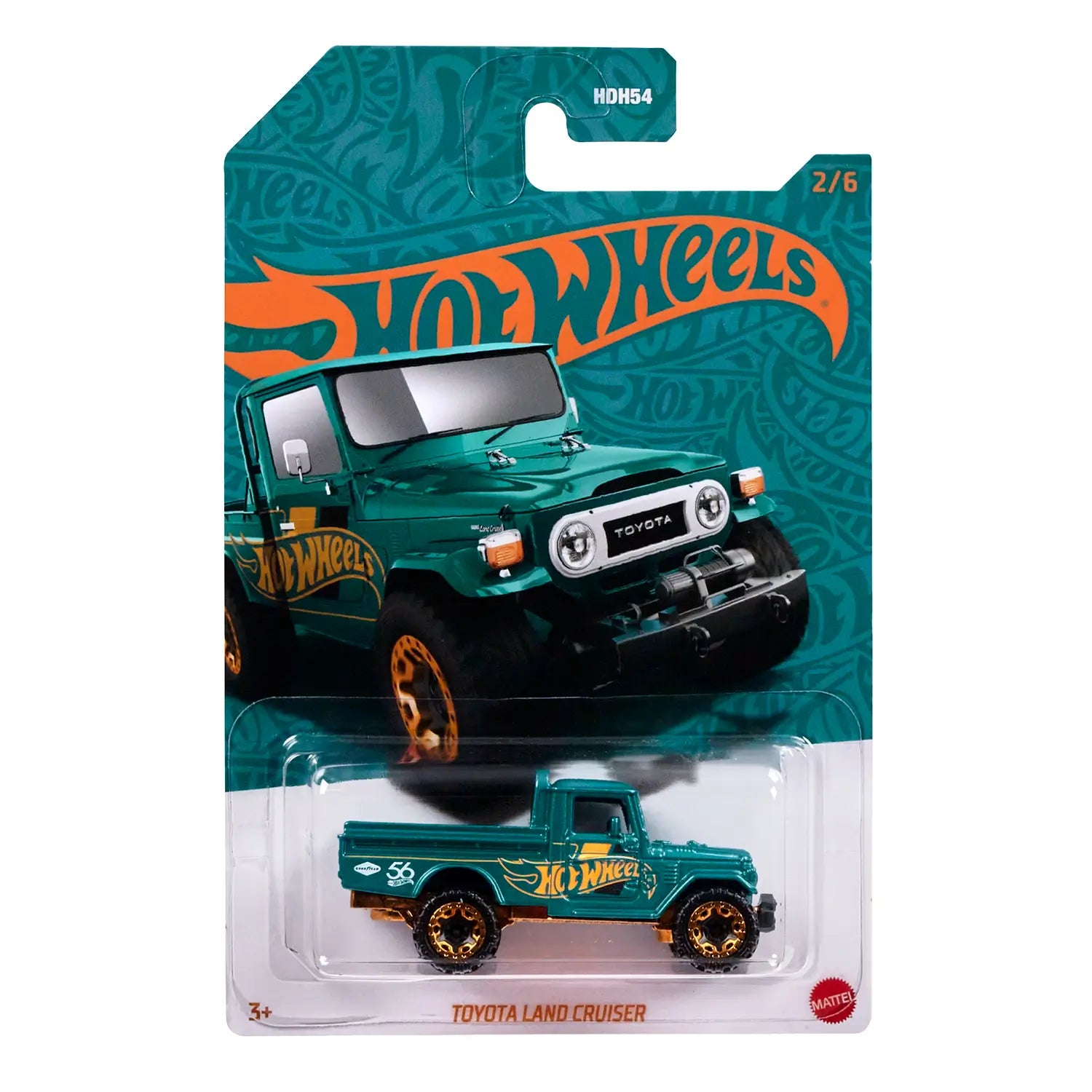 Hot Wheels Pearl and Chrome Toyota Land Cruiser 1:64 Scale Diecast Vehicle package in turquoise and orange