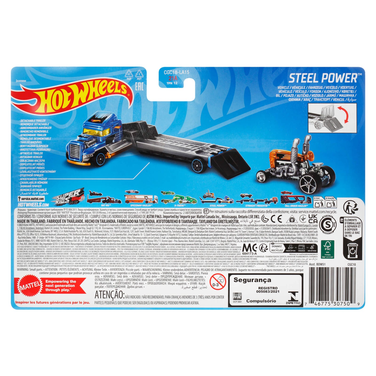 Back of the package for the Hot Wheels Super Rigs Steel Power 1:64 Scale Diecast Vehicle Set