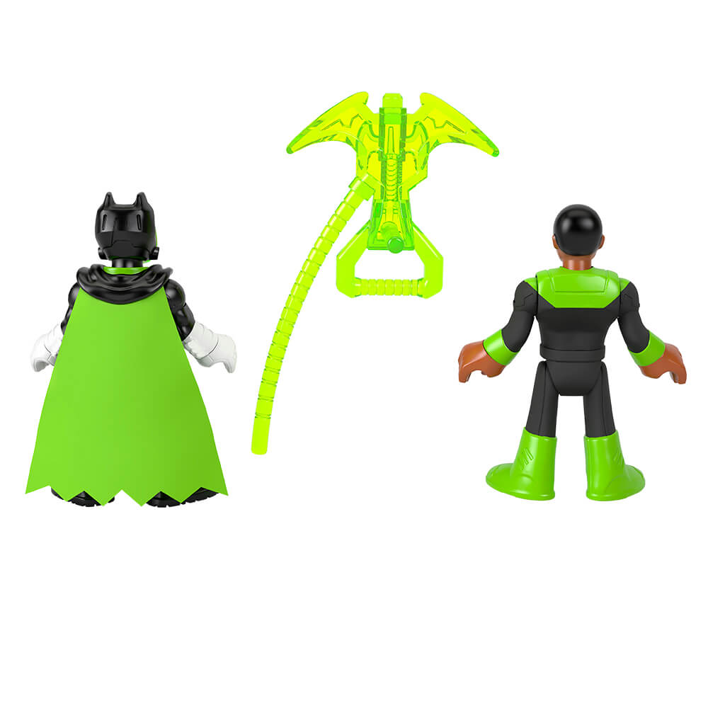 Back of the imaginext Green Lantern and Batman figures