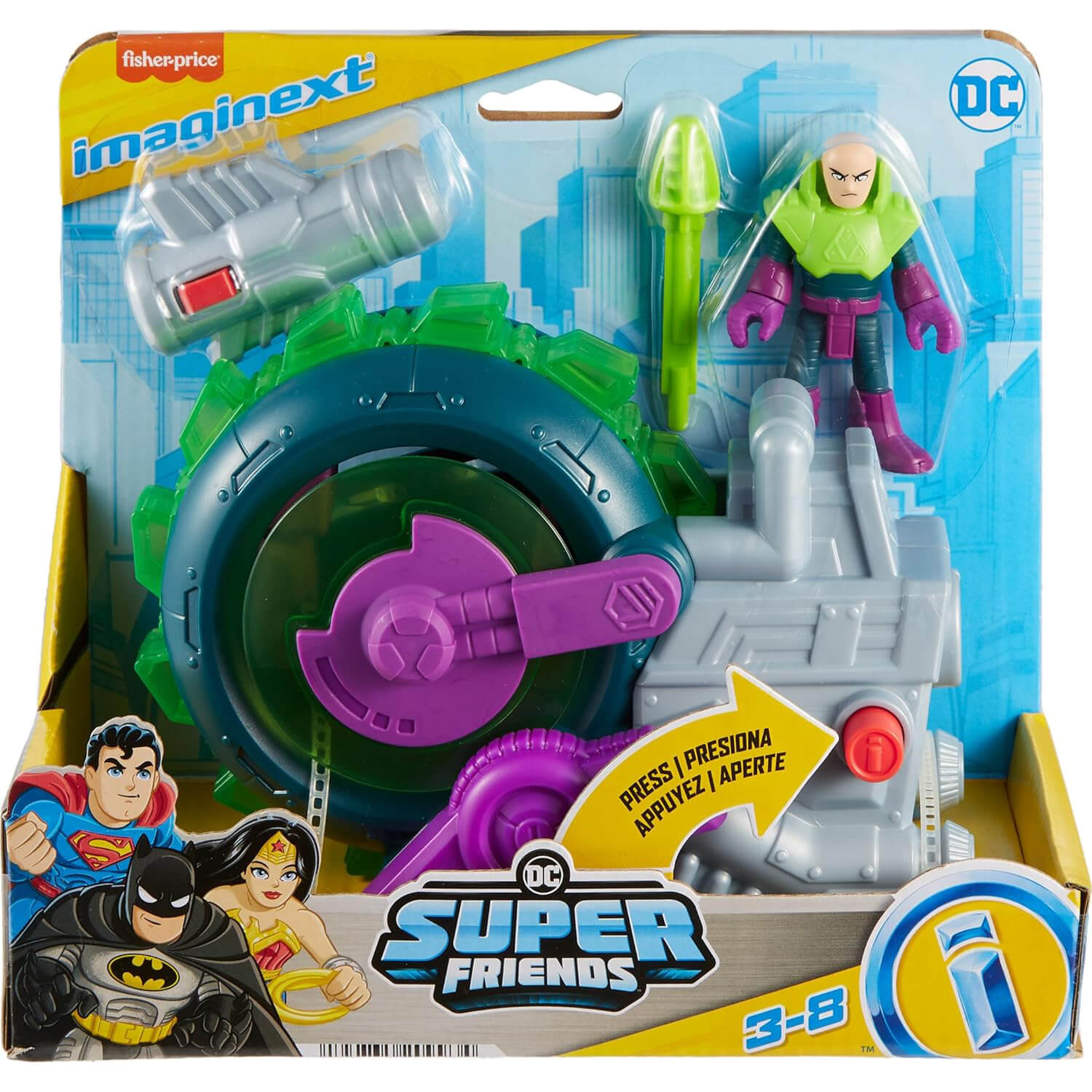 Imaginext DC Super Friends Lex Luthor Spinning Saw Vehicle & Figure Set packaging