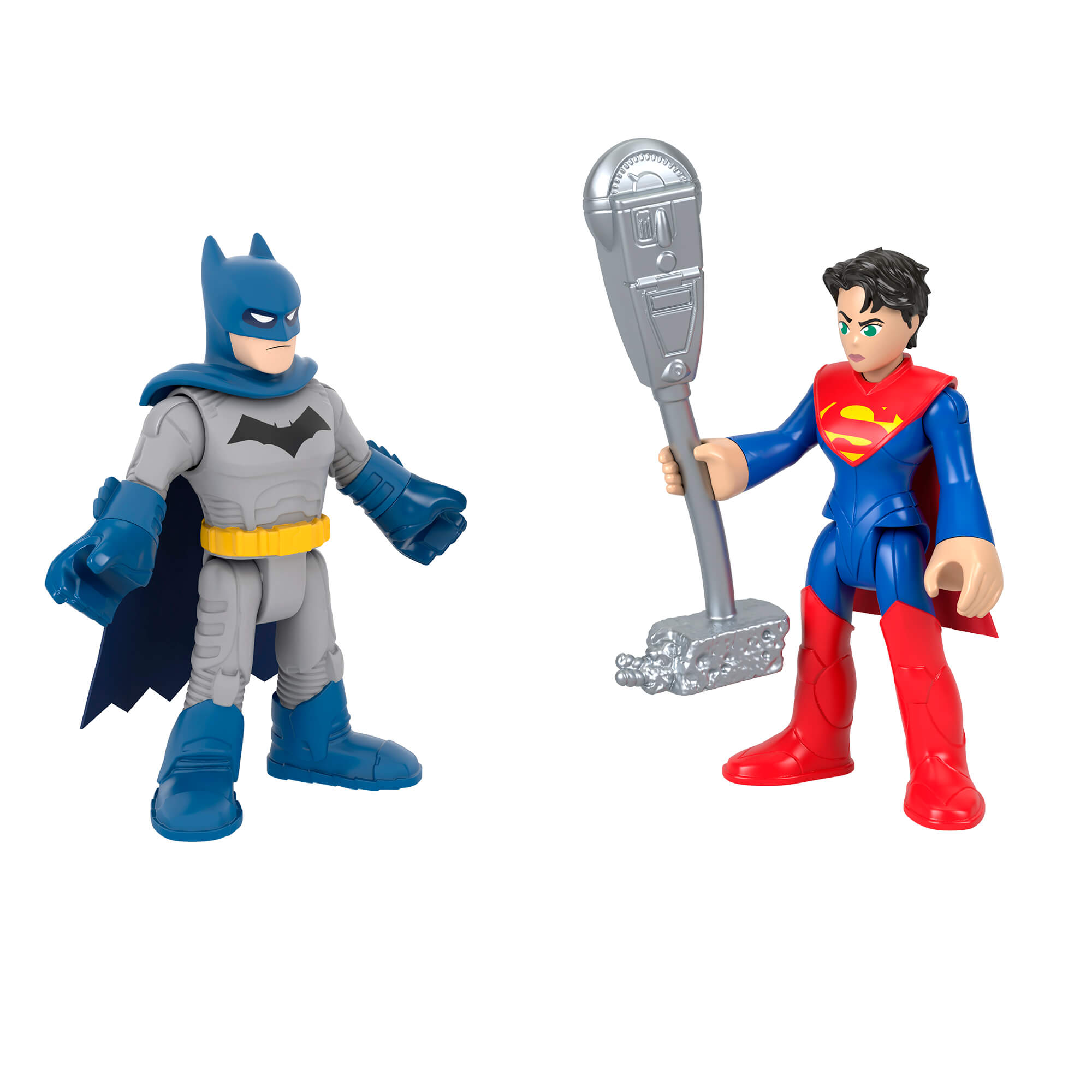 Superman holding a parking meter facing Batman.