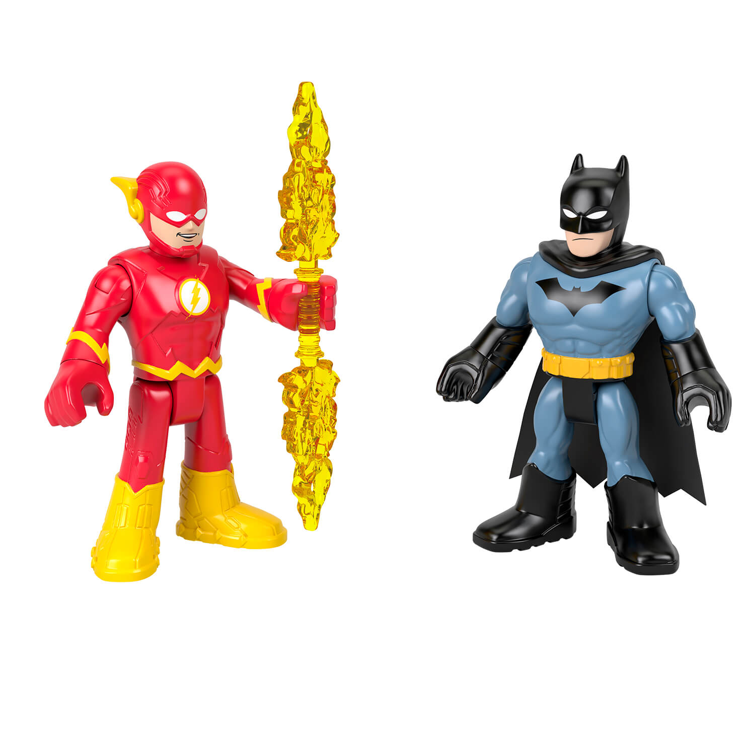 Flash holding his lightning rod and facing Batman