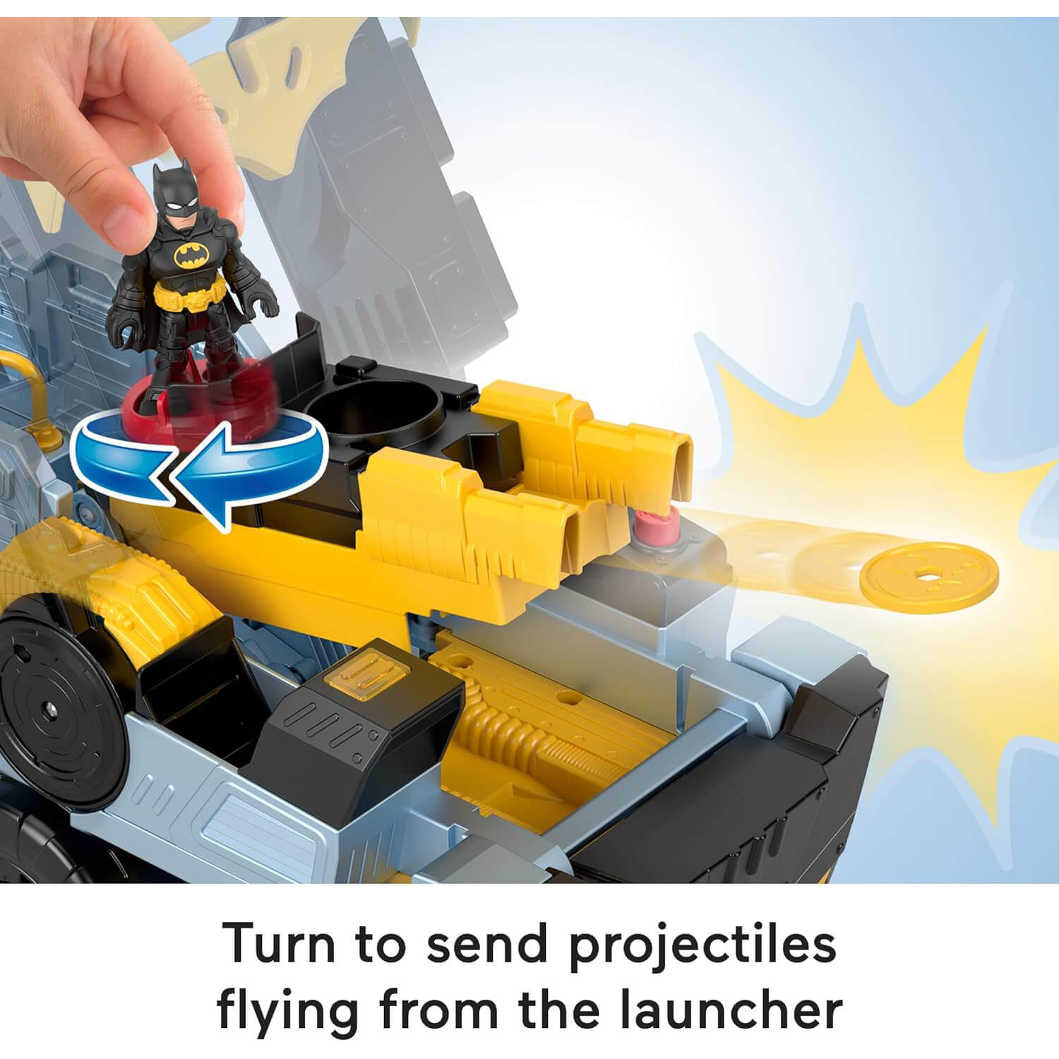 Imaginext DC Super Friends Transforming Bat-Tank projectiles flying