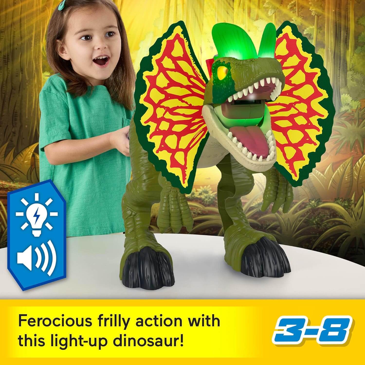 Imaginext Jurassic World Thrash Attack Dilophosaurus Dinosaur Figure light up