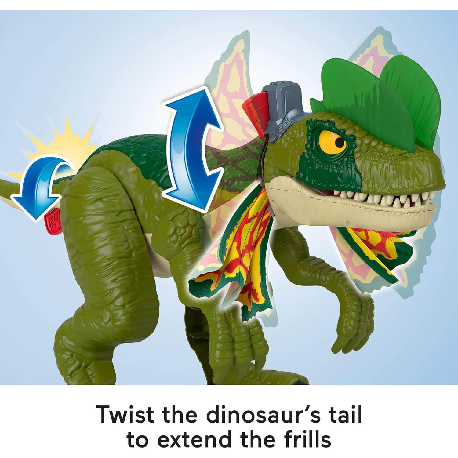 Imaginext Jurassic World Thrash Attack Dilophosaurus Dinosaur Figure twist the tail to extend the frills