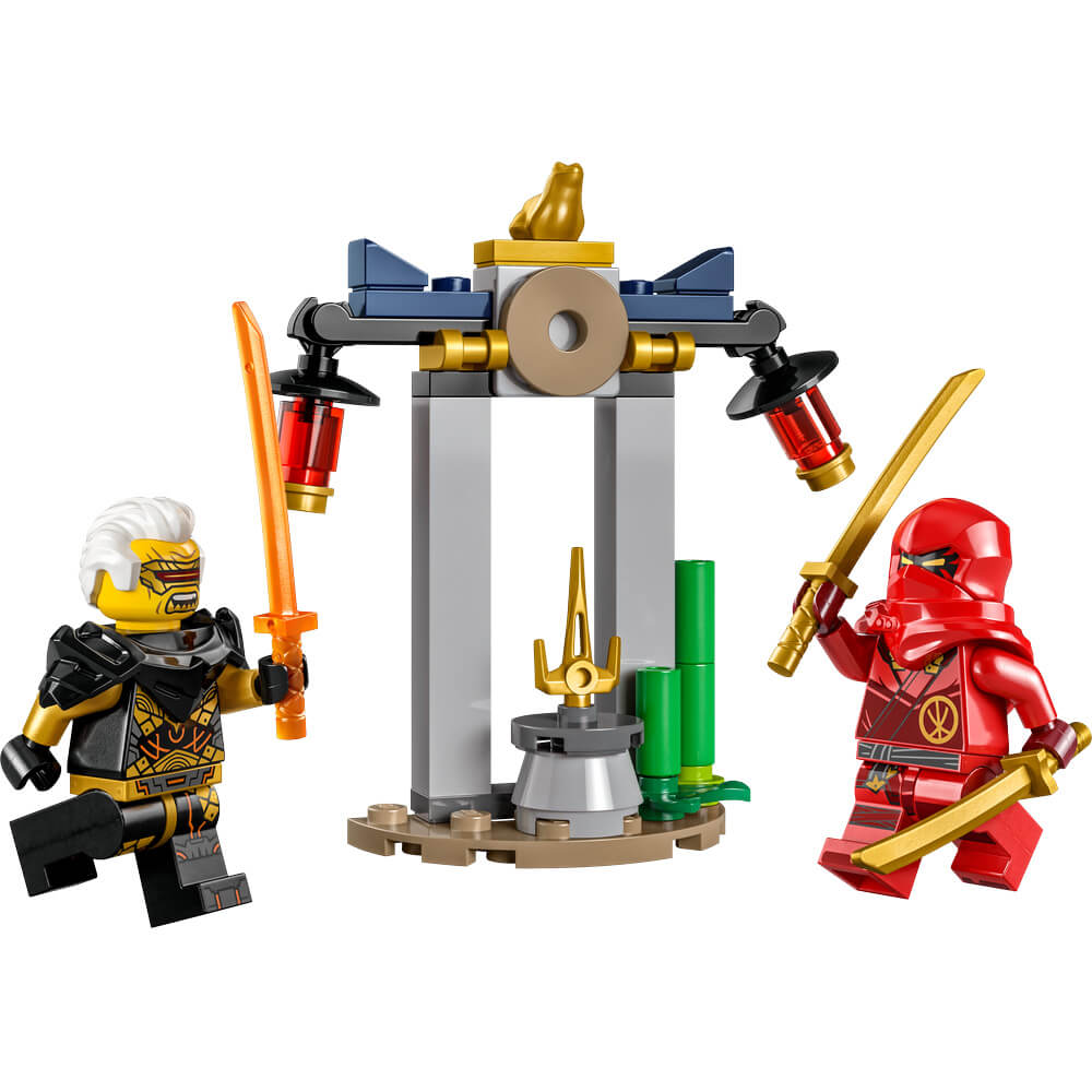 LEGO® Ninjago Kai and Rapton's Temple Battle 47 Piece Building Set featuring the figures and building kit completed.