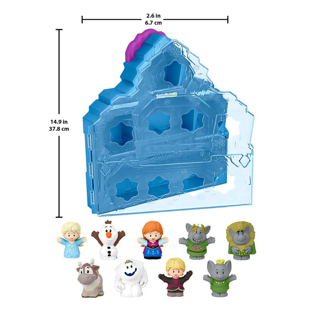 Measurements of carrying case with all pieces removed and shown of the Little People Disney Frozen Carry Along Castle Case Playset