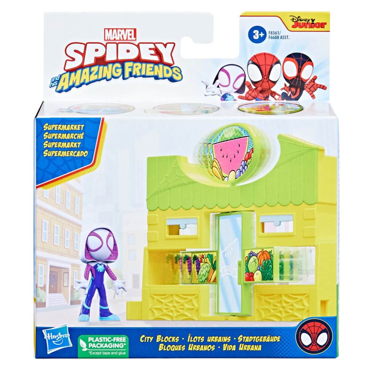 Marvel Spidey and Spidey and His Amazing Friends Ghost Spider Supermarket Playset package