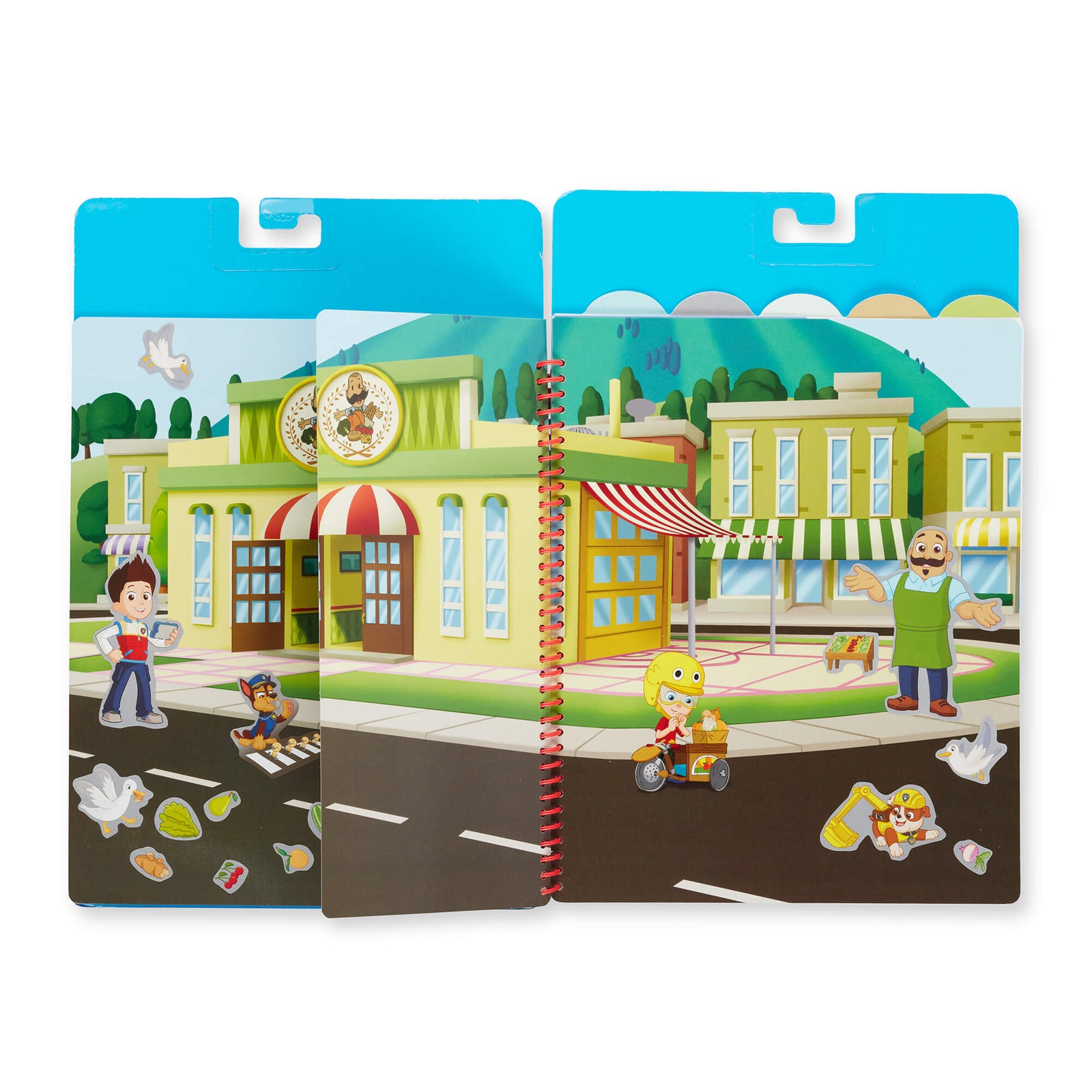 Melissa and Doug PAW Patrol Restickable Stickers Adventure Bay Flip-Flap Pad page with stickers on it