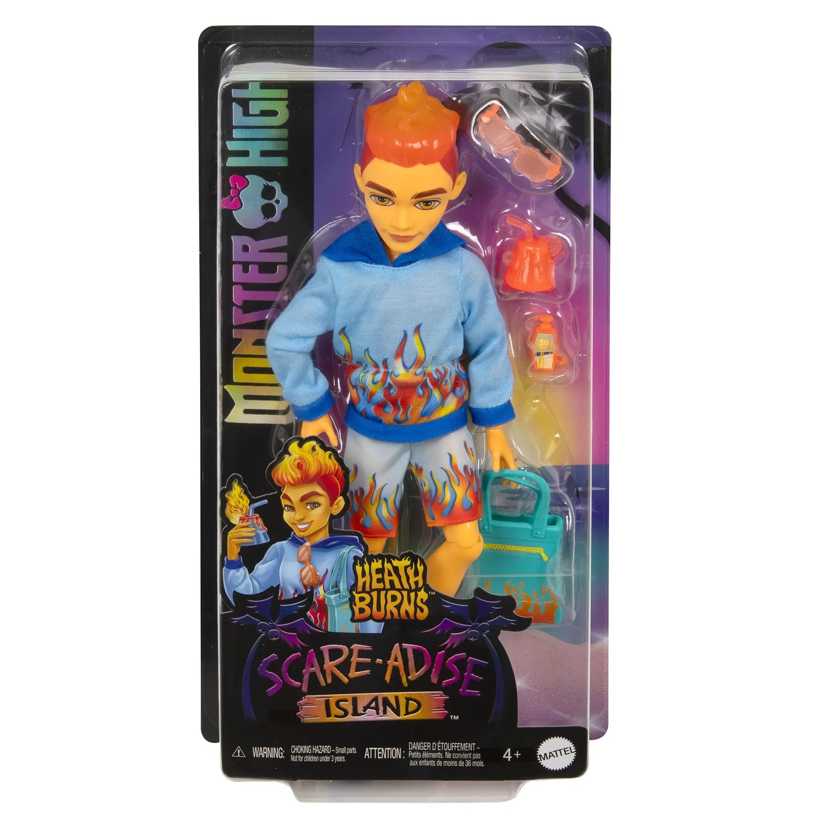 Monster High Scare-Adise Island Heath Burns Fashion Doll with Swimsuit and Accessories packaging