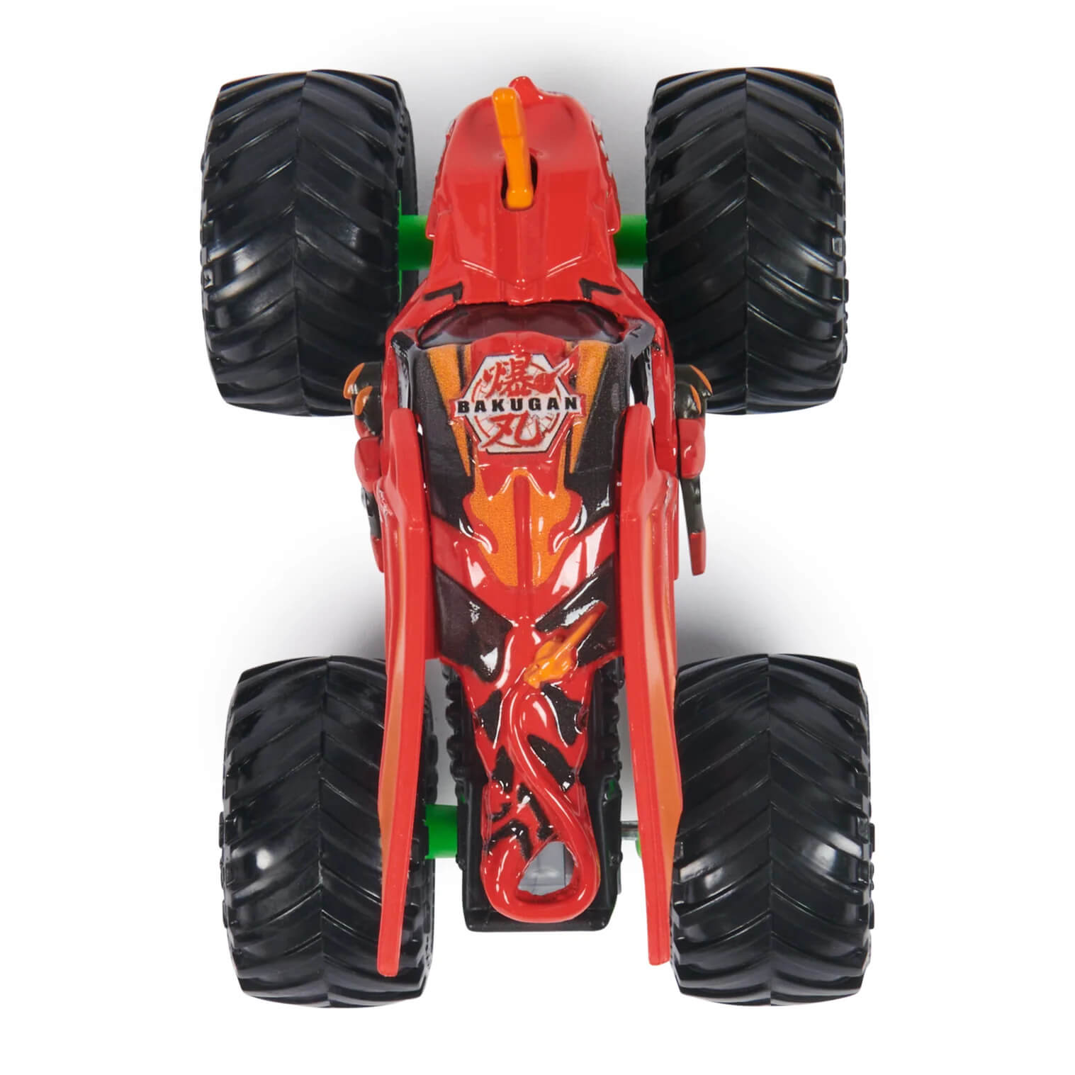 Top view of the Monster Jam Series 33 Bakugan Dragonoid 1:64 Scale Diecast Monster Truck shows it's primary orange and red colors with green accents