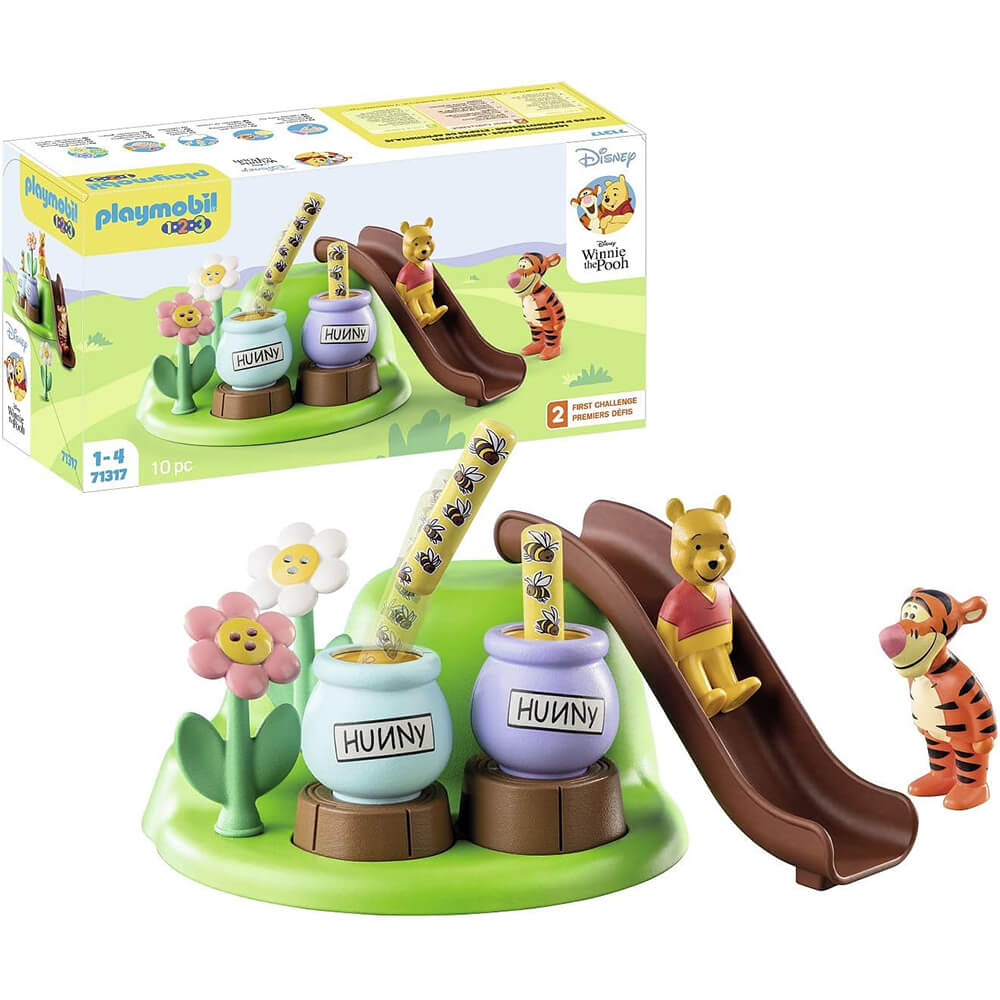 PLAYMOBIL 1.2.3 & Disney: Winnie's & Tigger's Bee Garden and box