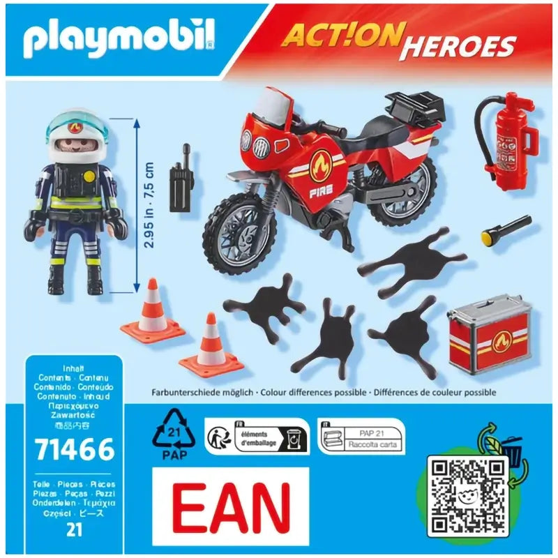 Back of the box for the Playmobil Action Heroes Fire Motorcycle Playset 71466