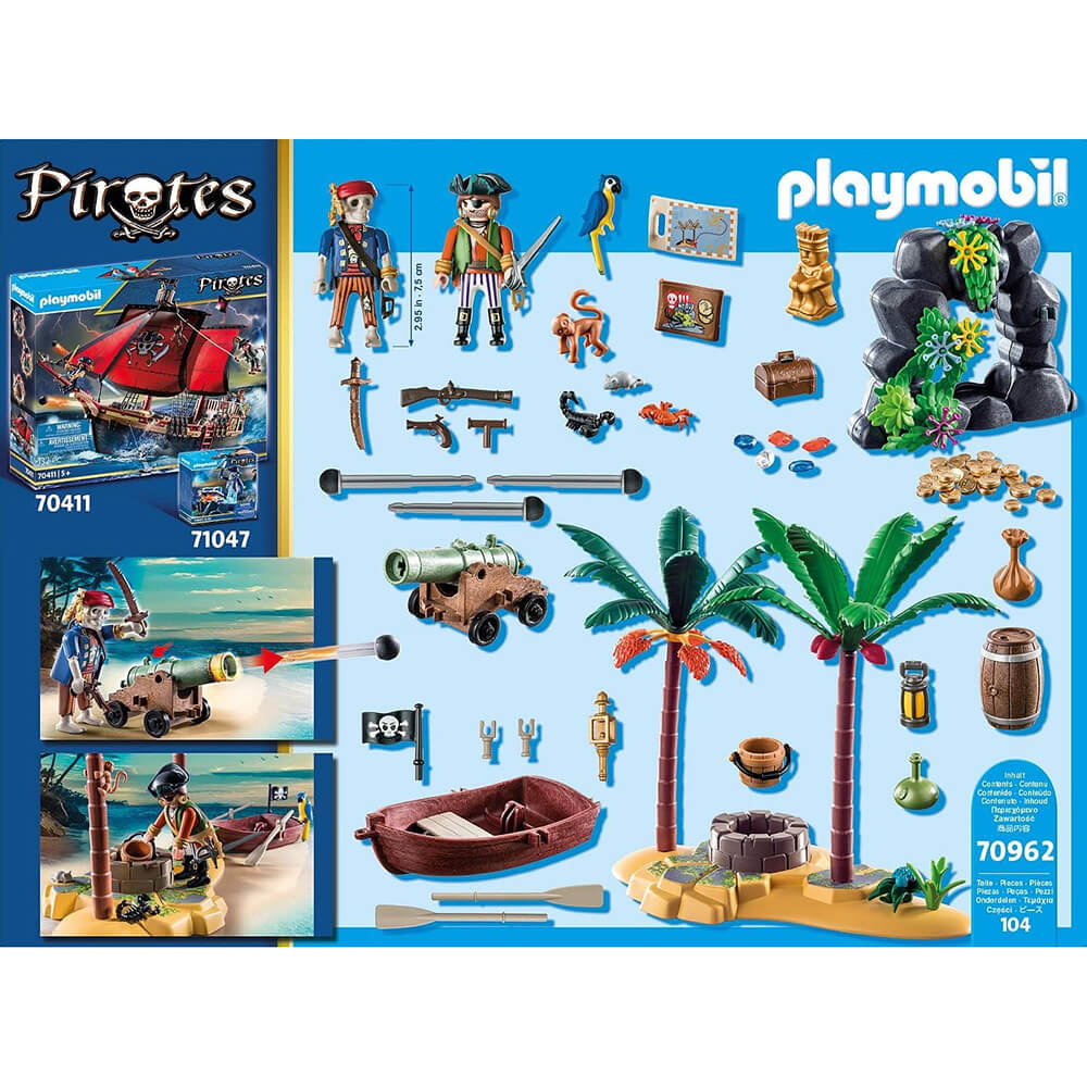 PLAYMOBIL Pirates Pirate Treasure Island with Rowboat Playset (70962) Back of the box