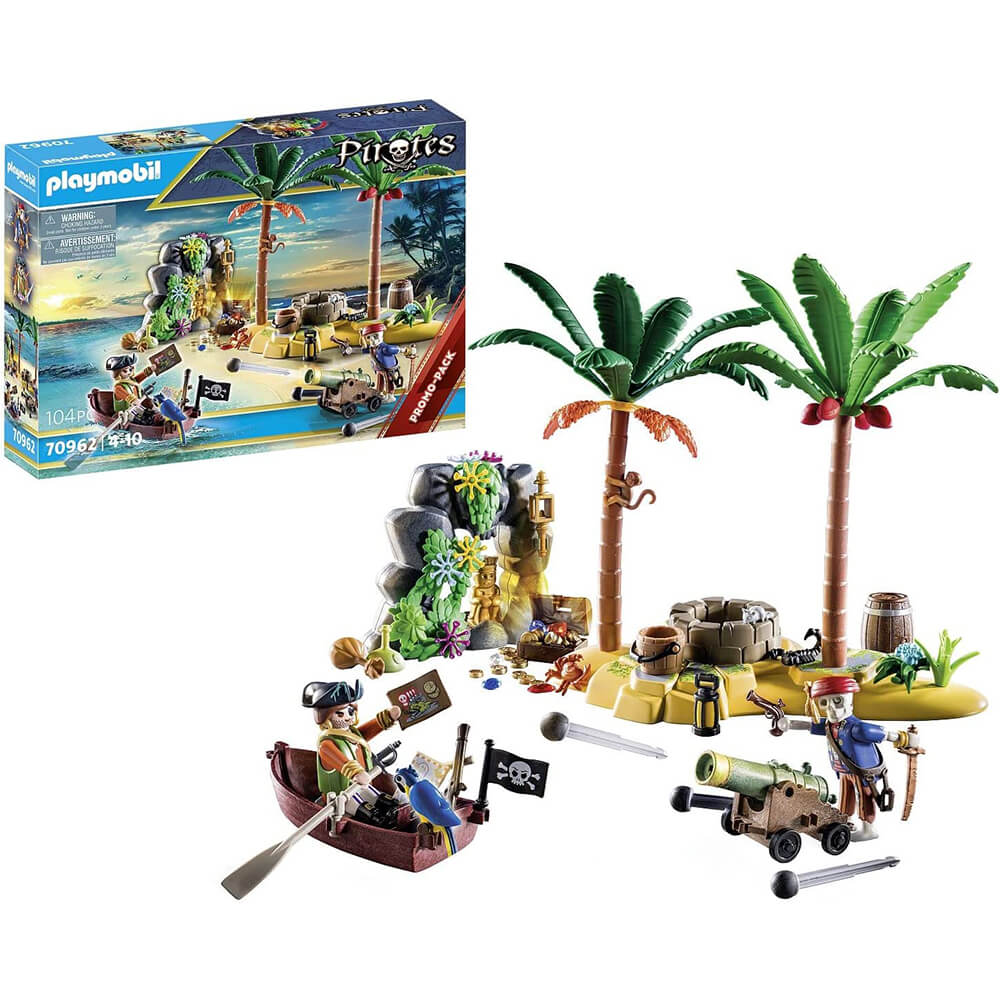 PLAYMOBIL Pirates Pirate Treasure Island with Rowboat Playset (70962) Front of the box and play set