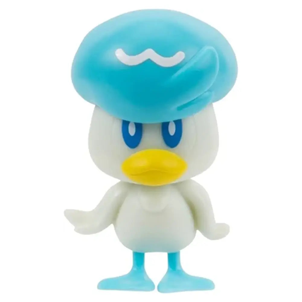 Quaxly toy is white with a blue hat and legs. Has a yellow beak and blue eyes