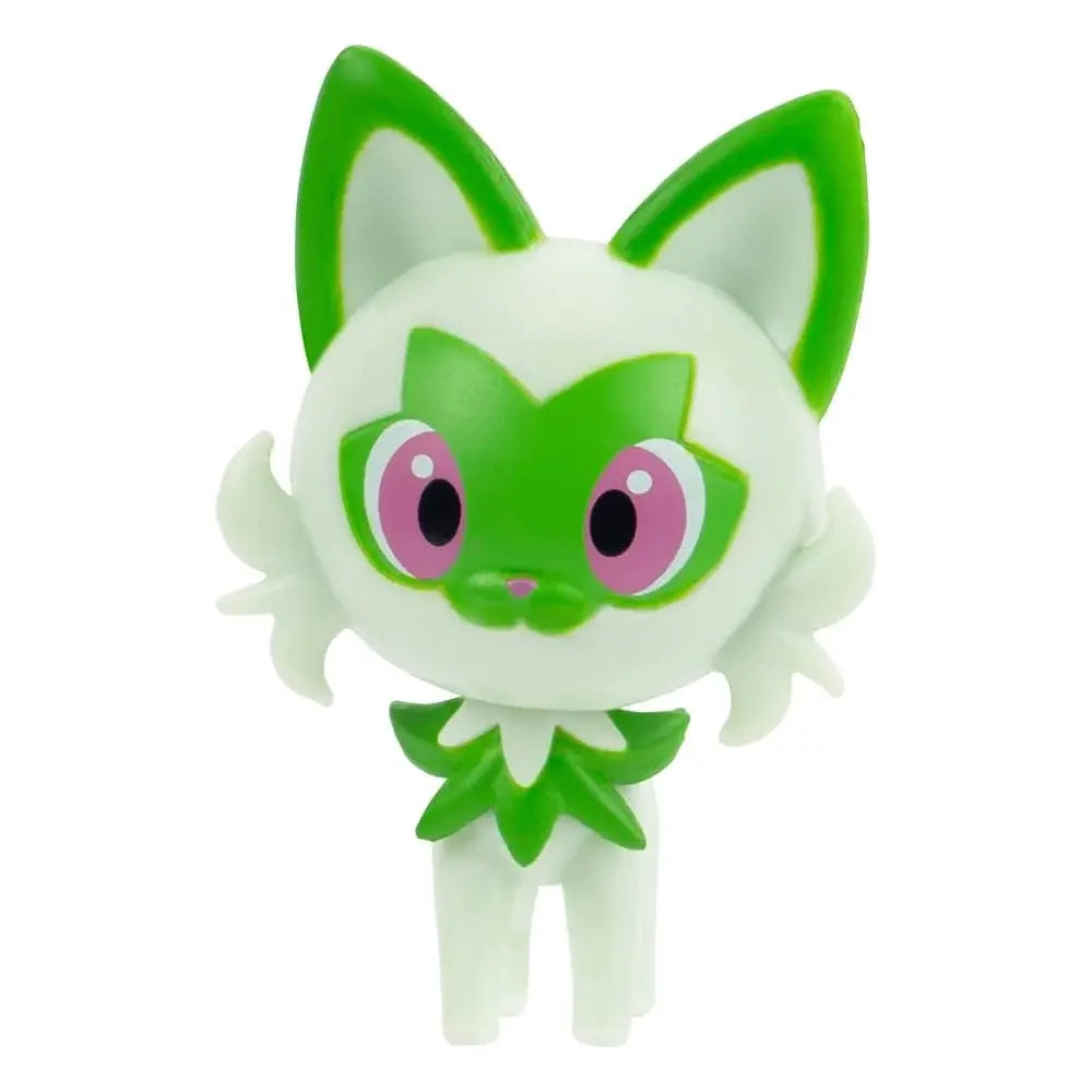 Sprigatito is green and white with pink-purple eyes