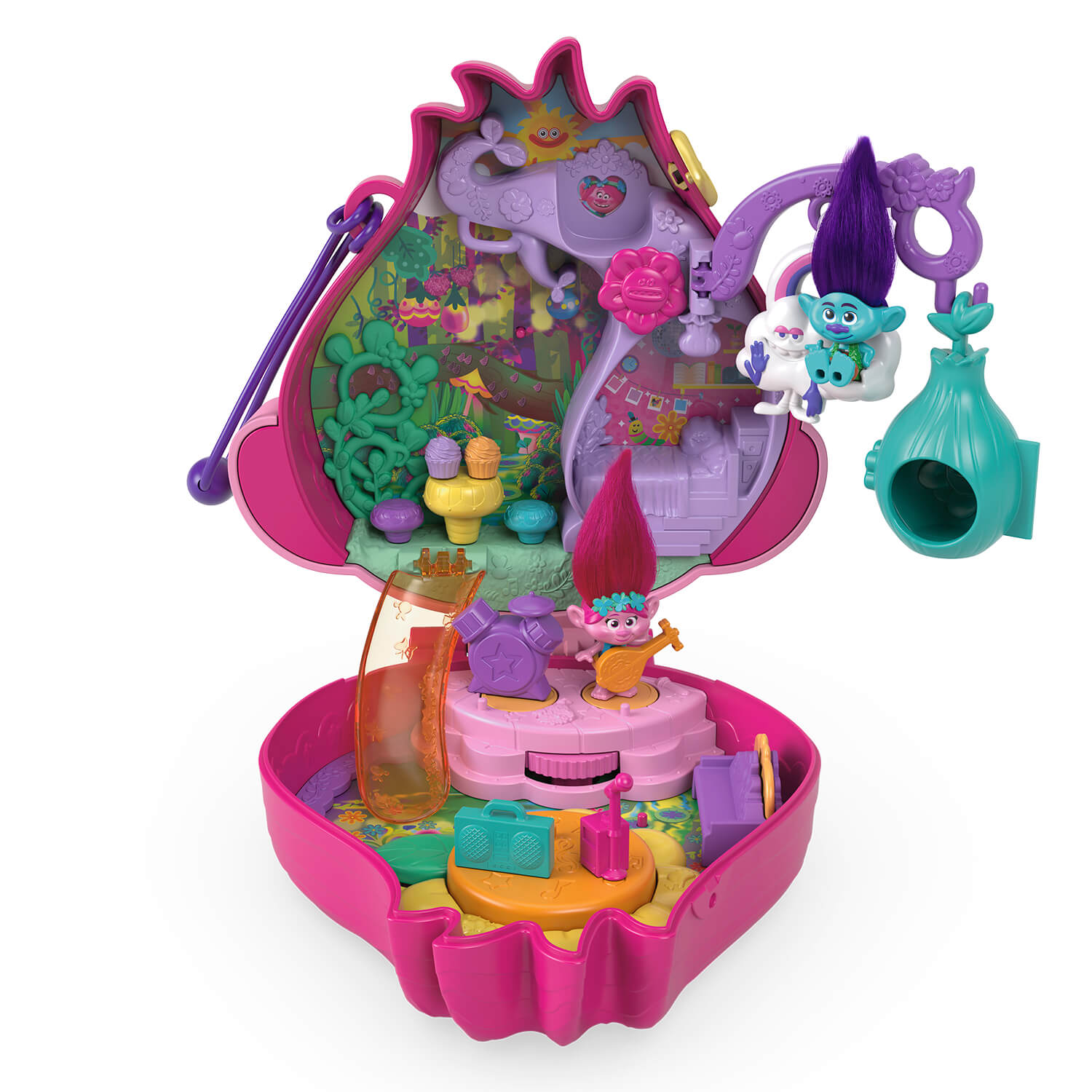 Polly Pocket & Dreamworks Trolls Compact Playset With Poppy & Branch Dolls & 13 Accessories