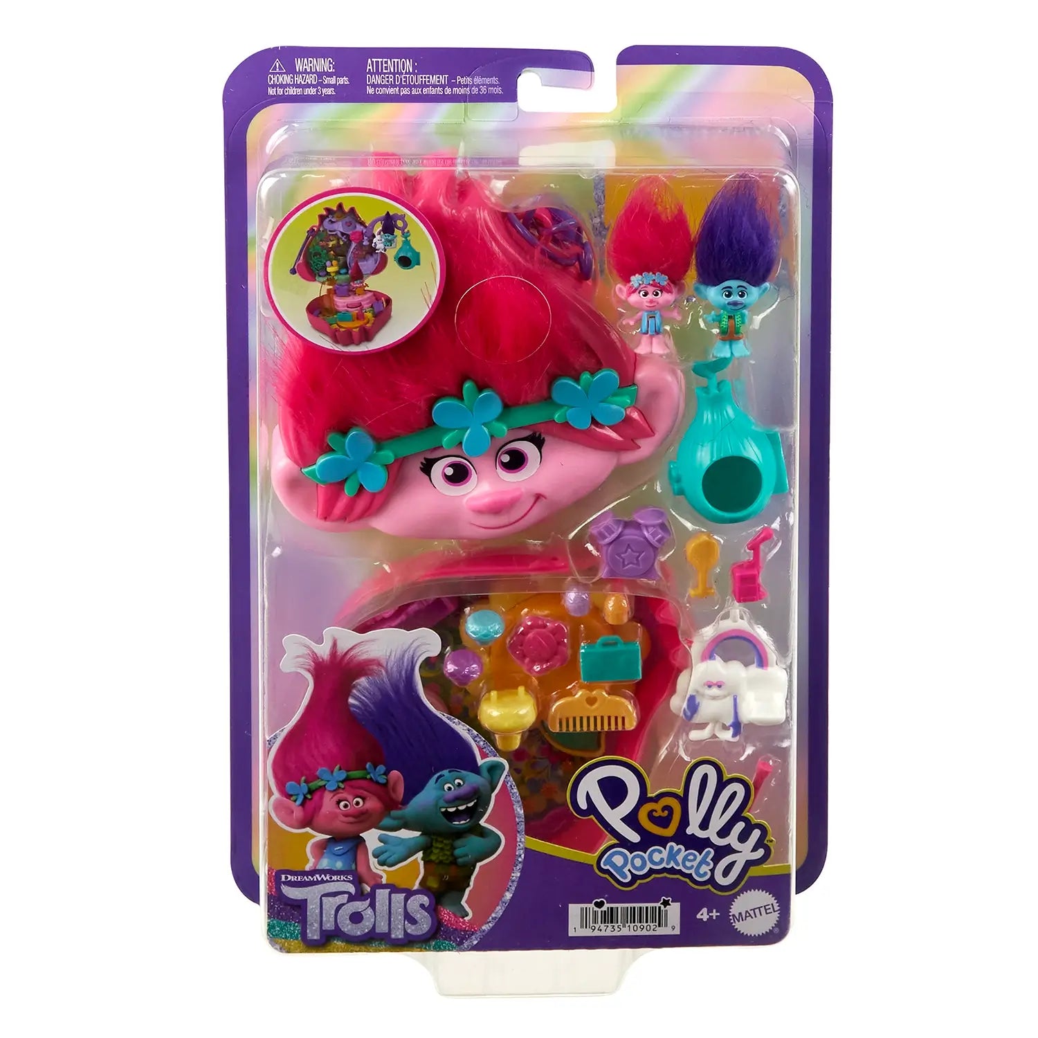 Polly Pocket & Dreamworks Trolls Compact Playset With Poppy & Branch Dolls & 13 Accessories