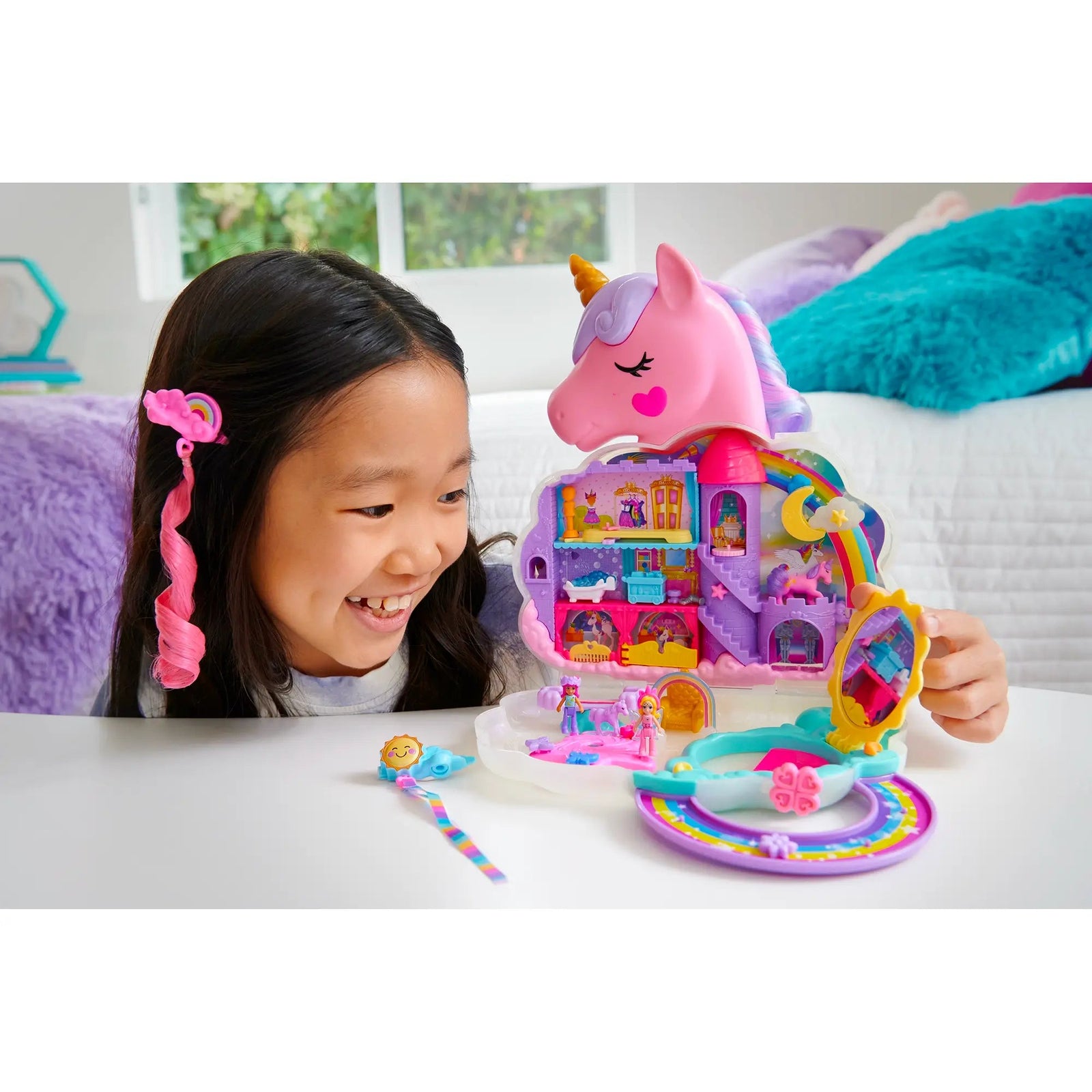 Polly Pocket Rainbow Unicorn Salon Playset With 2 Micro Dolls, Styling Head And 20+ Accessories girl playing