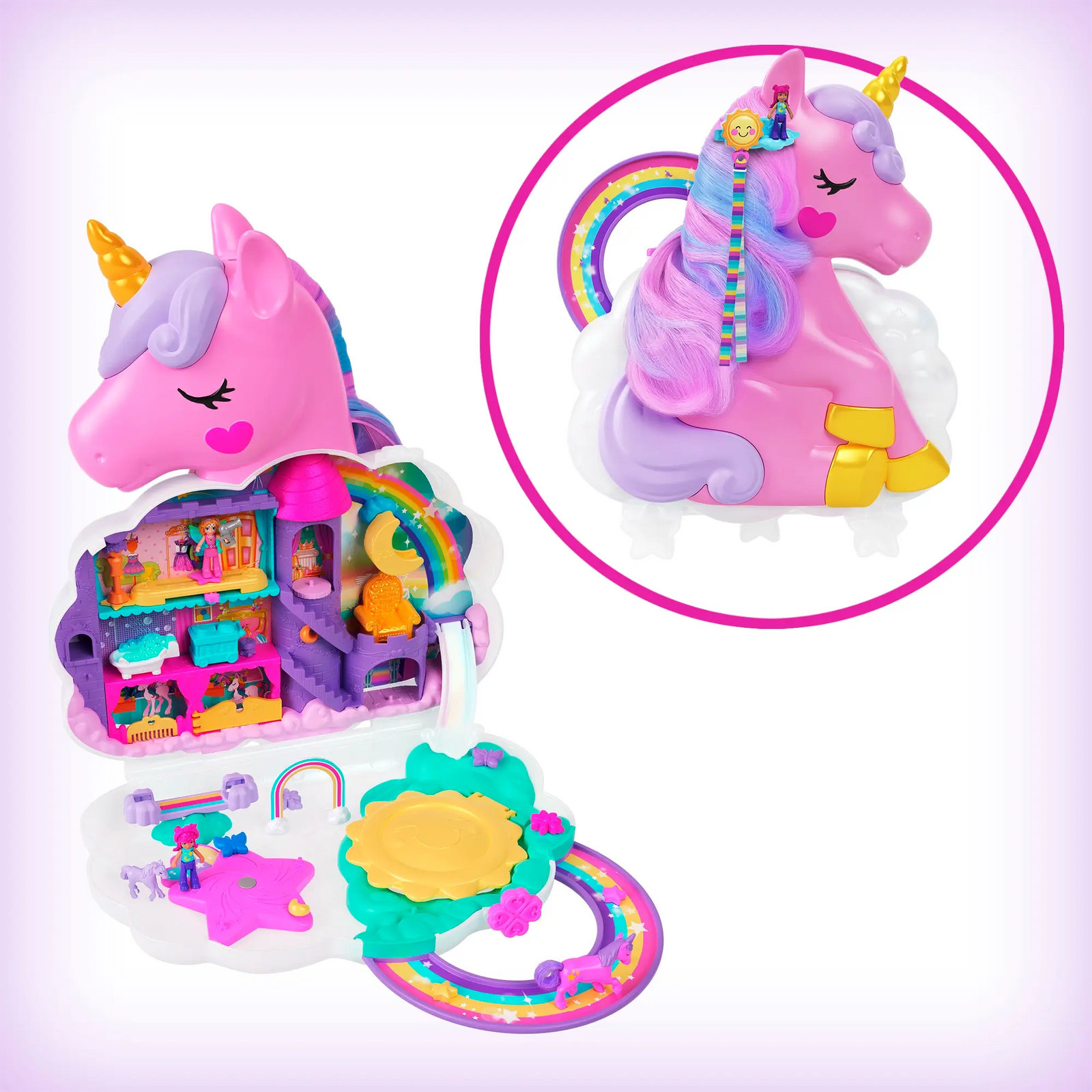 Polly Pocket Rainbow Unicorn Salon Playset With 2 Micro Dolls, Styling Head And 20+ Accessories shown opened and closed