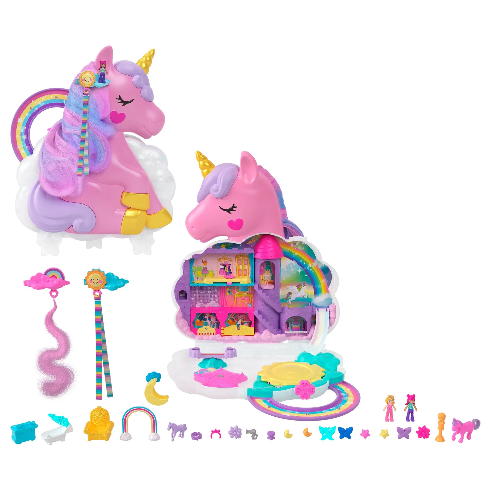 Polly Pocket Rainbow Unicorn Salon Playset With 2 Micro Dolls, Styling Head And 20+ Accessories pieces included