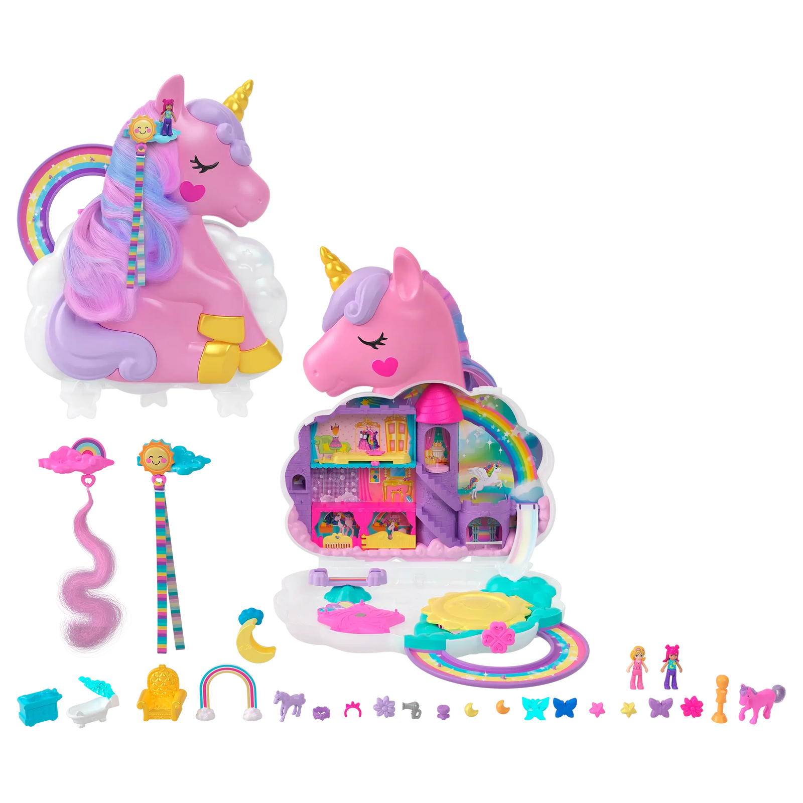 Polly Pocket Rainbow Unicorn Salon Playset With 2 Micro Dolls, Styling Head And 20+ Accessories pieces included