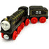 Thomas and Friends Hiro Wooden Railway Engine in a turned position showing its deep black, red and gold colors.