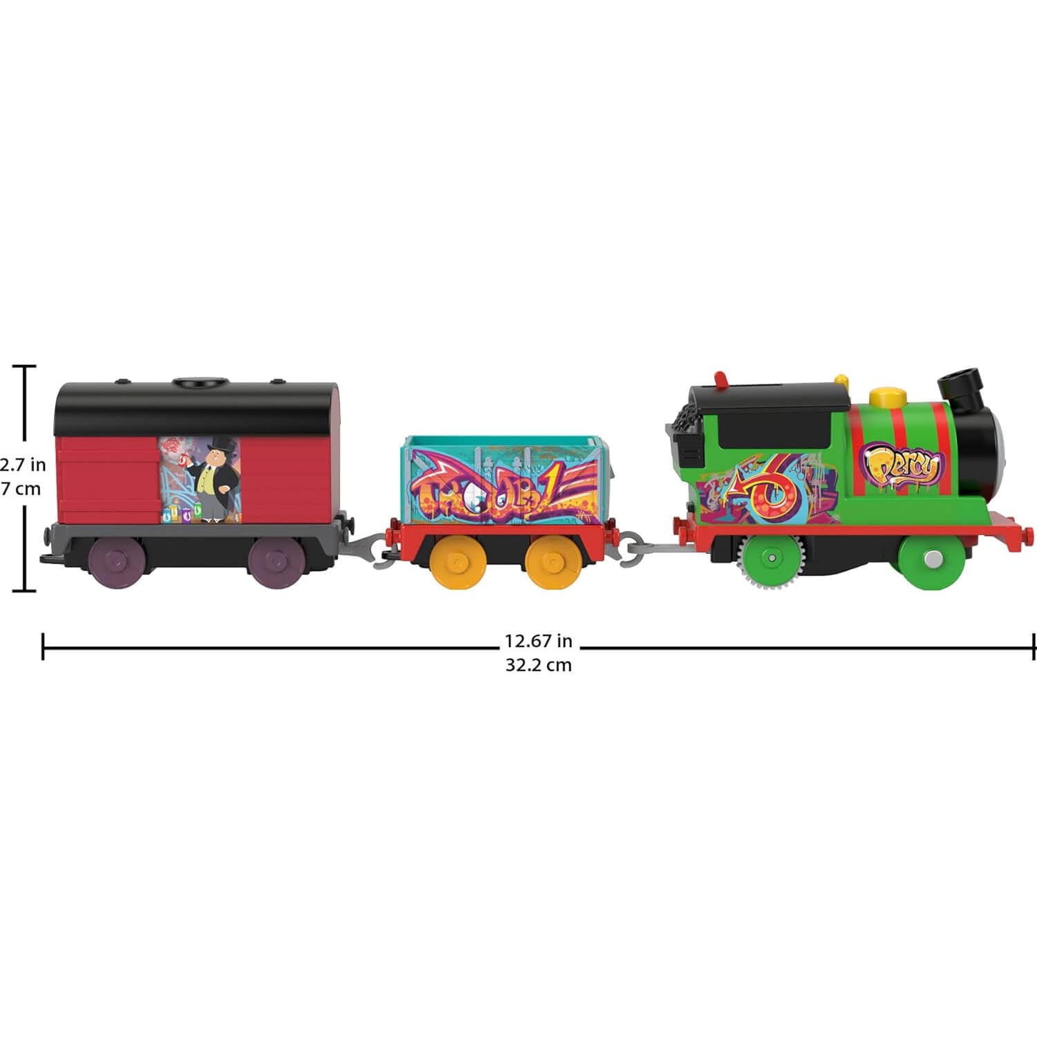 Thomas & Friends Graffiti Percy Motorized Toy Train Engine with Cargo Cars measurements