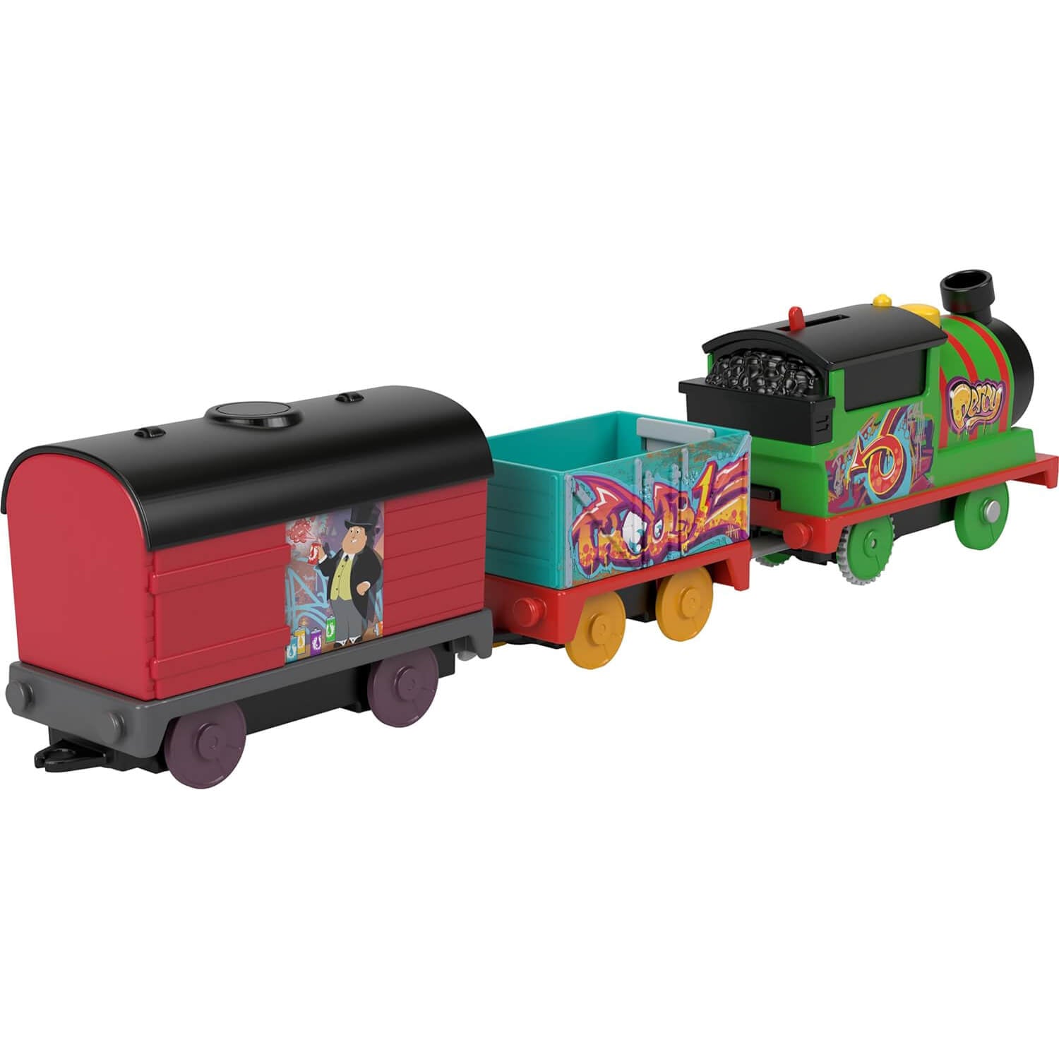 Thomas & Friends Graffiti Percy Motorized Toy Train Engine with Cargo Cars side view