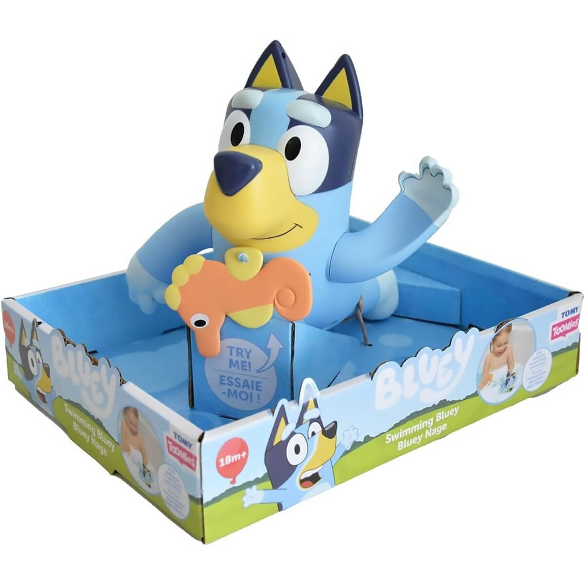 TOMY Toomies Bluey Swimming Bluey Bath Toy with Seahorse packaging