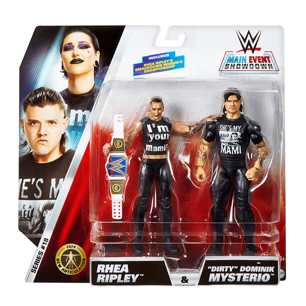 Package for the WWE Main Event Showdown Series 18 Rhea Ripley and "Dirty" Dominik Mysterio Action Figure 2-Pack